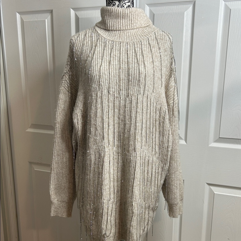 Forever 21 Cozy Cream Turtleneck Sweater Dress With‎ Bling XL NYE Holidays